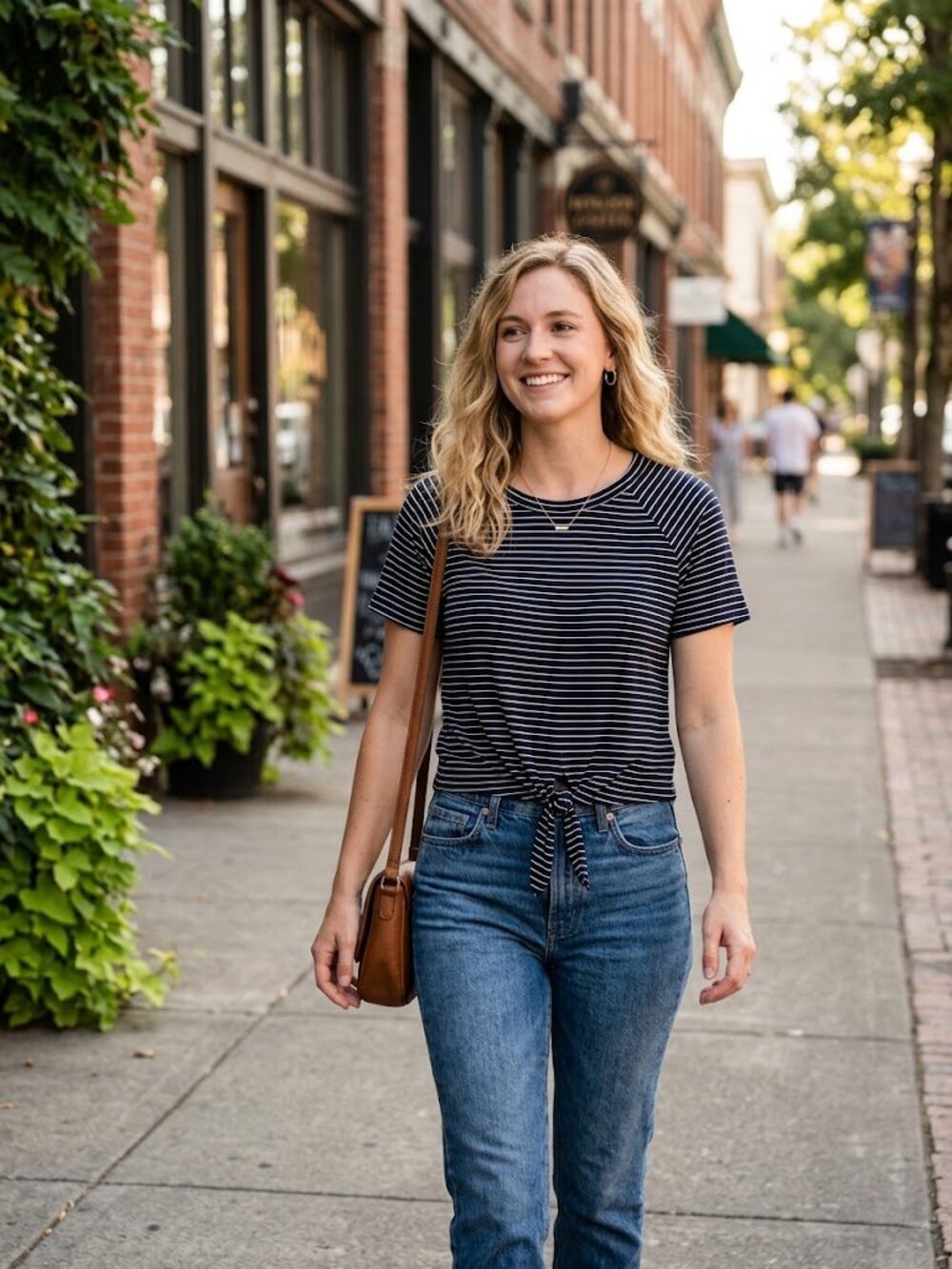 Promesa Striped Tie-Front Short Sleeve Tee in Navy Blue and White